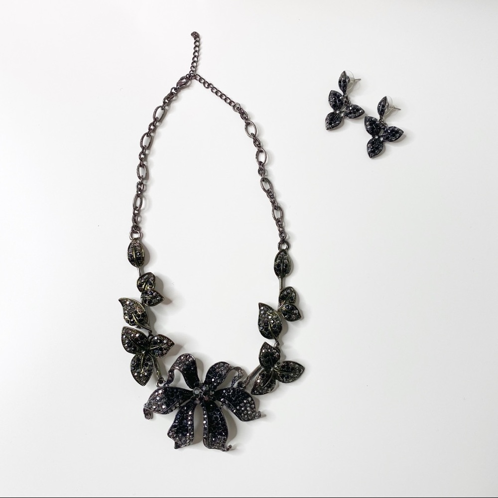 Black Floral Pave Rhinestone Necklace & Earrings